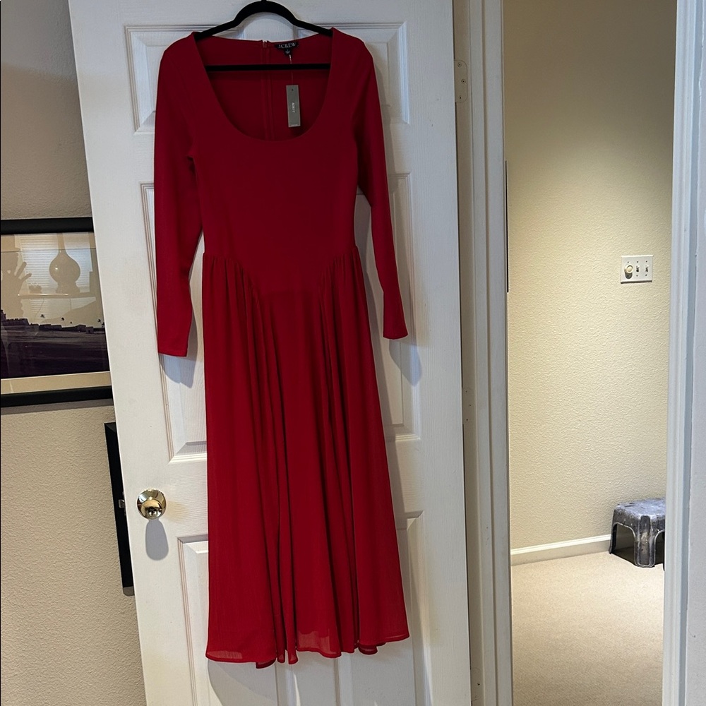 J Crew Fitted Scoop Neck Long Sleeve Red Maxi Dress.